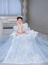 Load image into Gallery viewer, Snow Blue Princess Luxury Wedding Dress 2023 New O-neck Sexy Lace Up Applique Bridal Ball Gown Sweep
