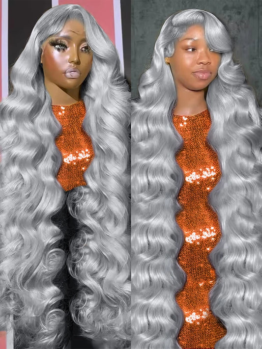 30 40 Inch Silver Grey Colored Body Wave Human Hair 13x6 HD Lace Frontal Wigs