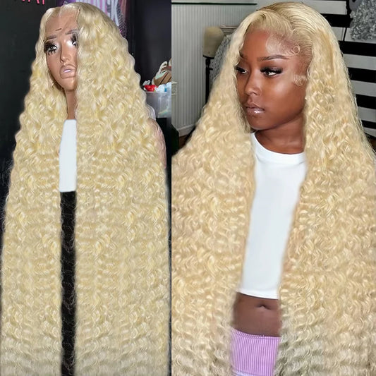 220% Curly 613 Honey Blonde 13x6 HD Brazilian Transparent 13x4 Lace Frontal Deep Wave Wig For Women