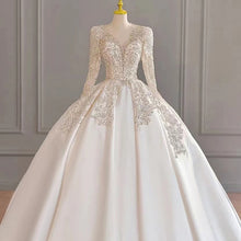 Load image into Gallery viewer, Satin Wedding Dresses Full Sleeve V-neck Sweep Train Lace Up Ball Gown
