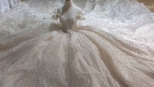 Load and play video in Gallery viewer, Boat Neck Wedding Dress Luxury Lace Embroidery Bridal Ball Gown Classic Off The Shoulder
