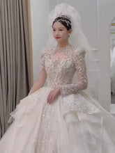 Load and play video in Gallery viewer, High Neck Full Sleeves Ball Crystal Bridal Gowns Sequin Pearls
