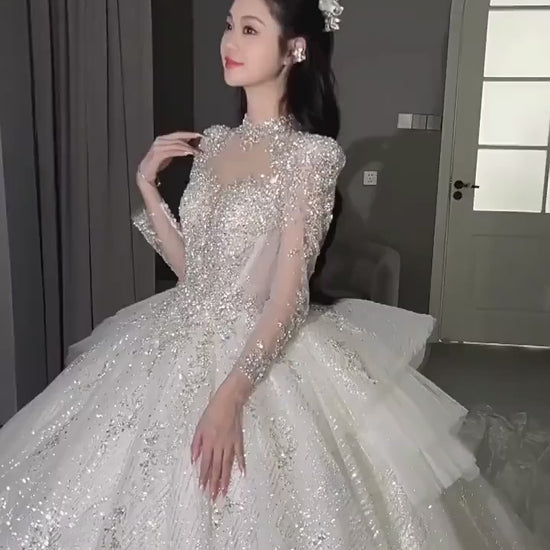 Lace Beading Vintage High Neck Long Sleeves Bridal Ball Gown