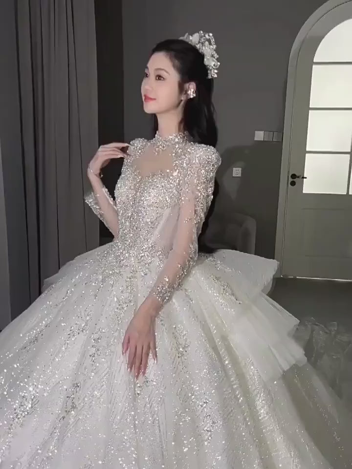 Lace Beading Vintage High Neck Long Sleeves Bridal Ball Gown