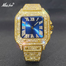 Load image into Gallery viewer, MISSFOX Square Watch Ice Out Diamond Hip Hop Sunburst Dial Waterproof Quartz Watches Droshipping New Reloj Hombre Marca de Lujo
