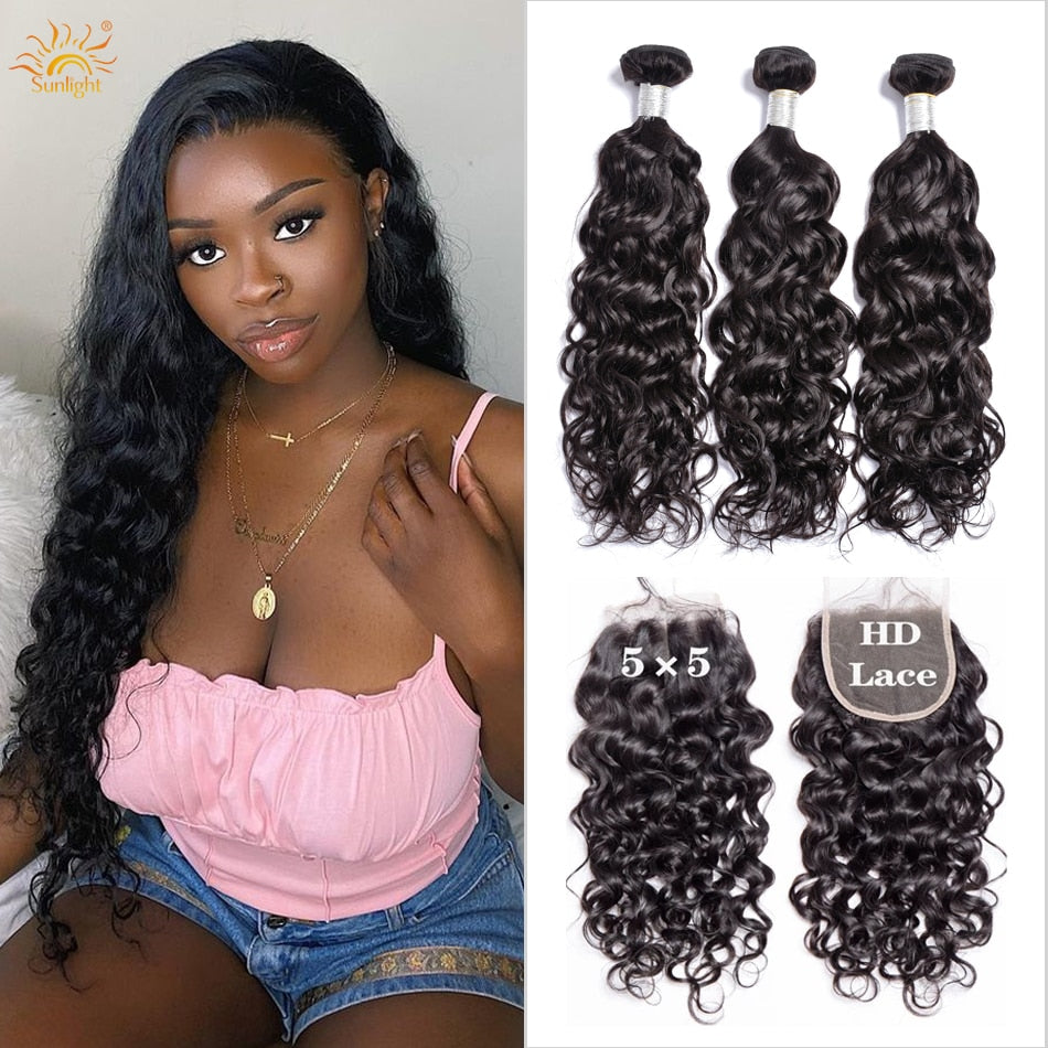 Water Wave Bundles With Closure 5x5 HD Transparent Lace Closure Brazilian Remy Human Hair Weave Extensions 30 Inch