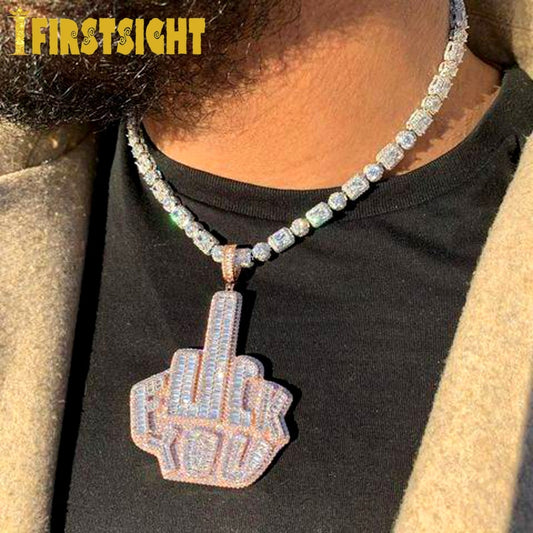 New Iced Out Bling Full 5A Zircon CZ Letter FY Finger Pendant Necklace Gold Color Charm Men Fashion Hiphop Jewelry