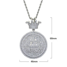 Load image into Gallery viewer, Bling CZ Crown Round Letter Big Boss Pendant Necklace Cubic Zirconia Bitcoin Charm Men Women Fashion Hip Hop Jewelry
