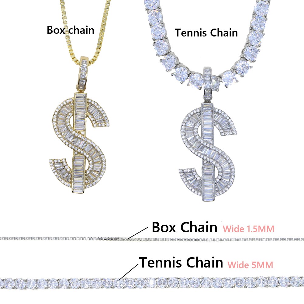 New Solid Dollar Letter Pendant Necklace Men Women 5mm Tennis Chain Hip Hop Punk Jewelry Gold Silver Color Choker