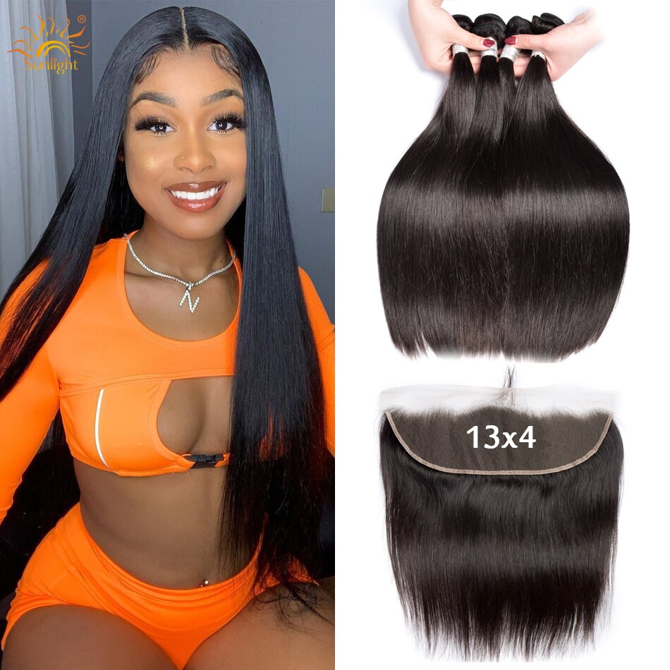 Straight Bundles With Frontal Human Hair Extensions Brazilian Hair Weave 13x4 Lace Frontal Closure With Bundles 30 Inch