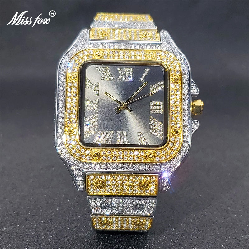 MISSFOX Square Watch Ice Out Diamond Hip Hop Sunburst Dial Waterproof Quartz Watches Droshipping New Reloj Hombre Marca de Lujo
