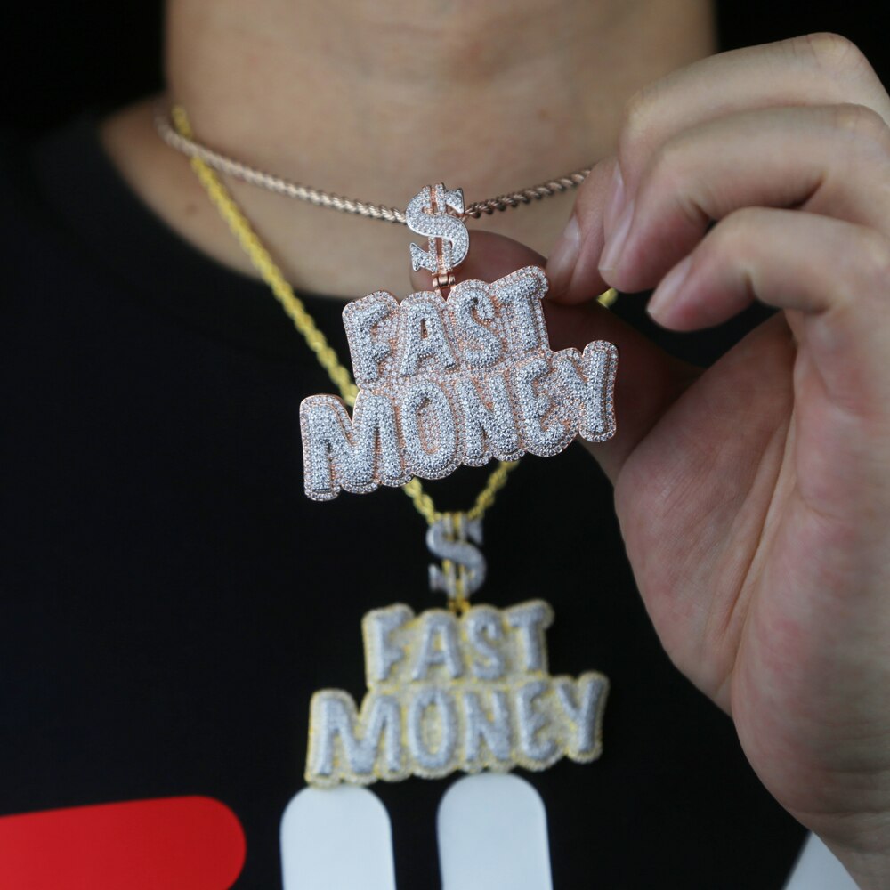 New Iced Out Bling Crown Letters Money Pendant Necklace Two Tone Color CZ Zircon Dollar Symbol Necklaces Men&#39;s Hip Hop Jewelry