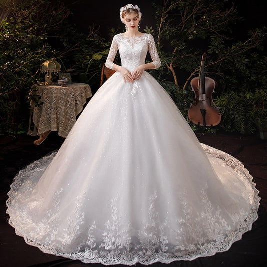 Boat Neck With Train Three Quarter Sleeve Lace Up Bridal Ball Gown