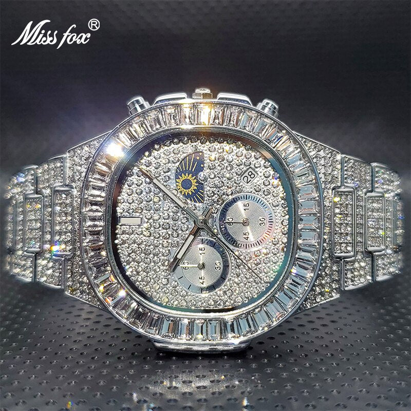 Men&#39;s Chronographs Watch 2021 Luxury Black MISSFOX Ice Out Bling Stone Jewelry Watches for Man Relogios Atacado Com Frete Gratis