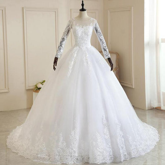 Pure White Full Sleeve Wedding Dress With Train Princess Luxury Wedding Dress