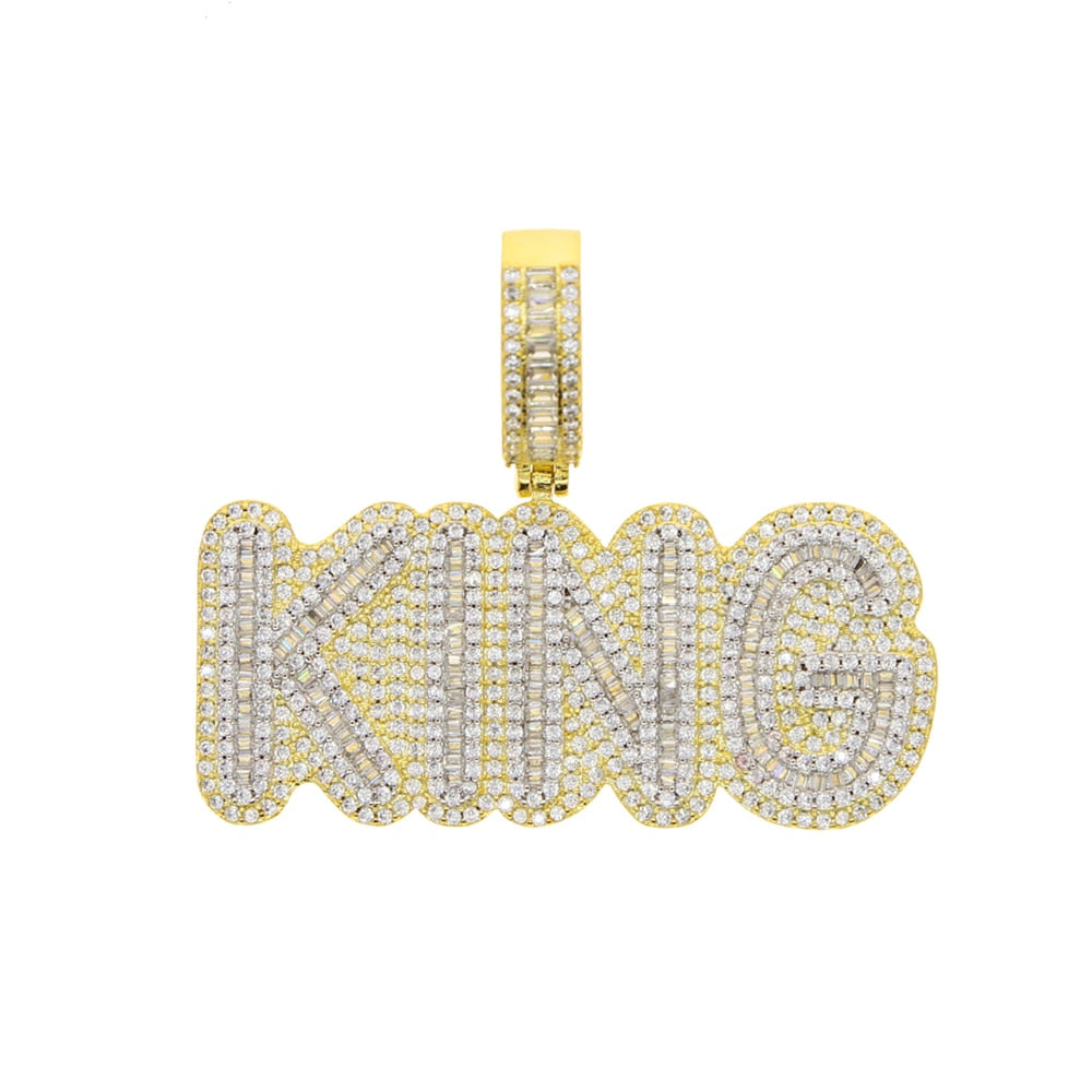 New Iced Out Bling Letters KING Pendant Necklaces Two Tone Gold Color 5A Zircon The King Charm Necklaces Men&#39;s Hip Hop Jewelry
