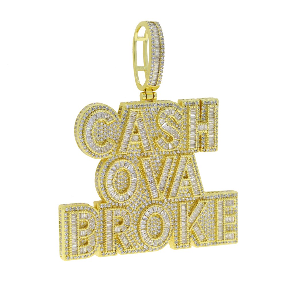 New Cash Ova Broke Pendant Necklace Hiphop Rock Iced Out Bling 5A Zircon Silver Color Cz Tennis Chain Letter Charm Men Jewelry