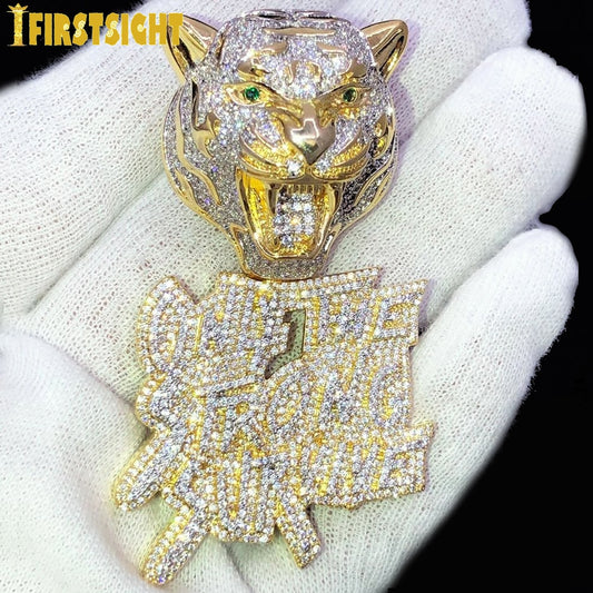 New Iced Out Bling CZ Letter Leopard Pendant Necklace Two Tone Color Cubic Zirconia Only The Strong Survive Men Hip Hop Jewelry