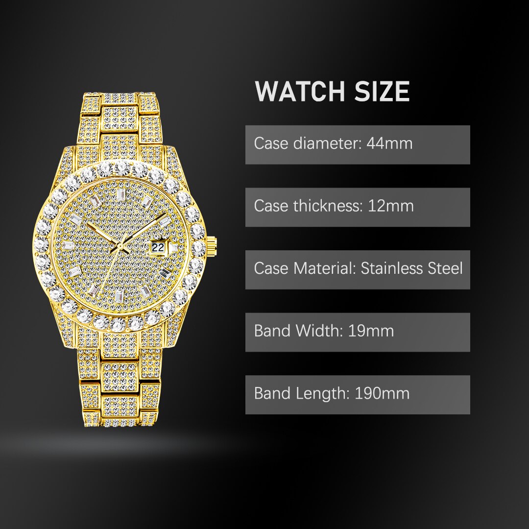 MISSFOX Men&#39;s Watches 18K Gold Full Diamond Luxury Quartz Watch For Man Waterproof Hip Hop Wristwatch Party Jewelly Dropshipping