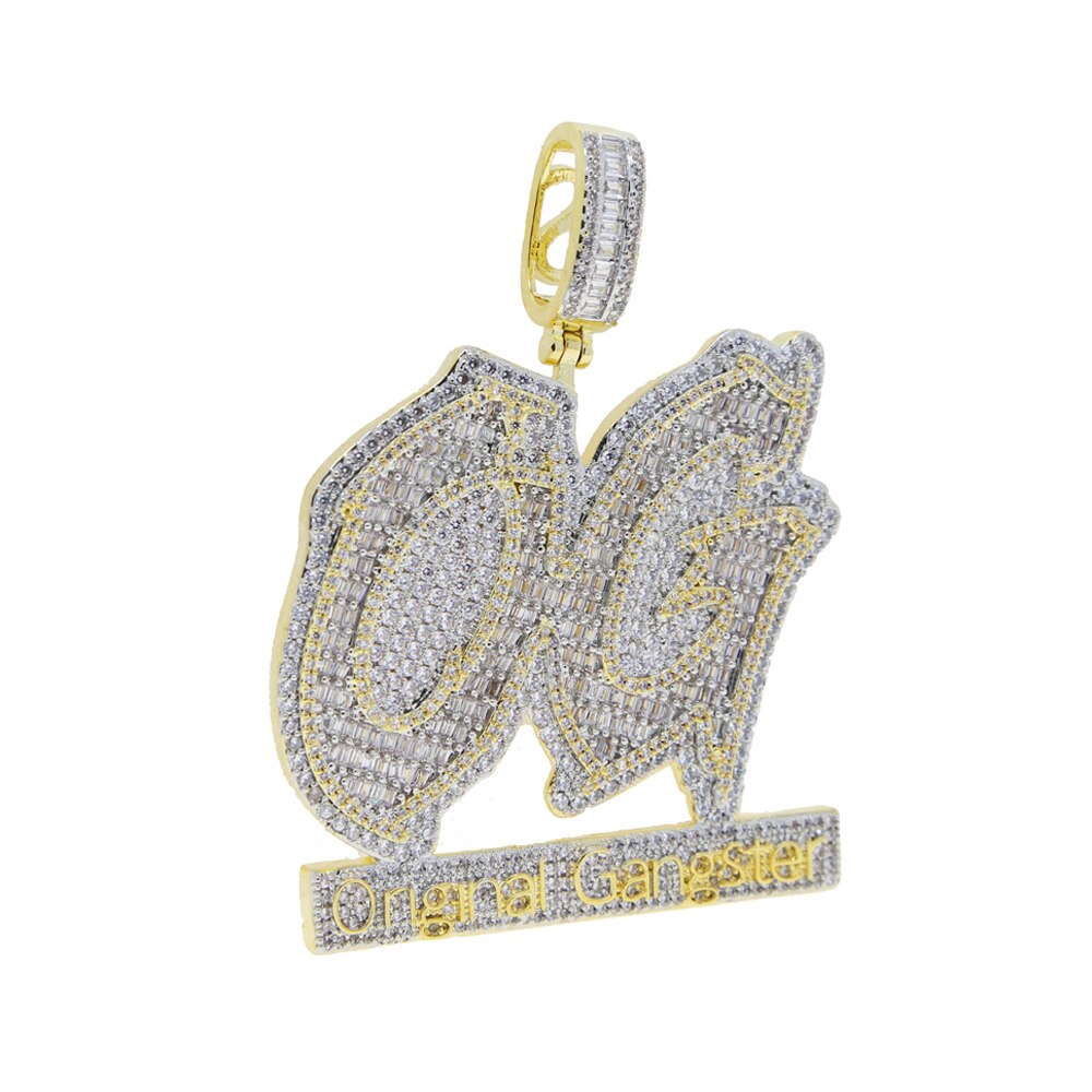 Iced Out Bling Two Tone Color CZ Letter Original Gangster Pendant Necklace Black Cubic Zirconia OG Charm Men Hip Hop Jewelry
