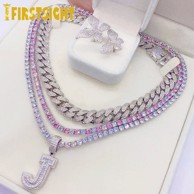 Hiphop 5mm Pink Cubic Zirconia Tennis Chains Necklace Rainbow 5MM cz Rose Cold Color Choker Fashion Men Women Jewelry