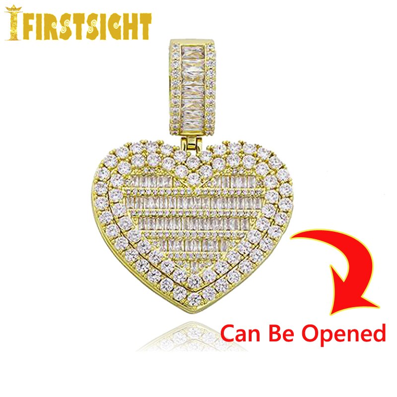 New Can Be Opened Heart shaped Photo Pendant Necklace For Women Men Iced Zircon Cubic Zirconia Tennis Chain Locket Love Jewelry