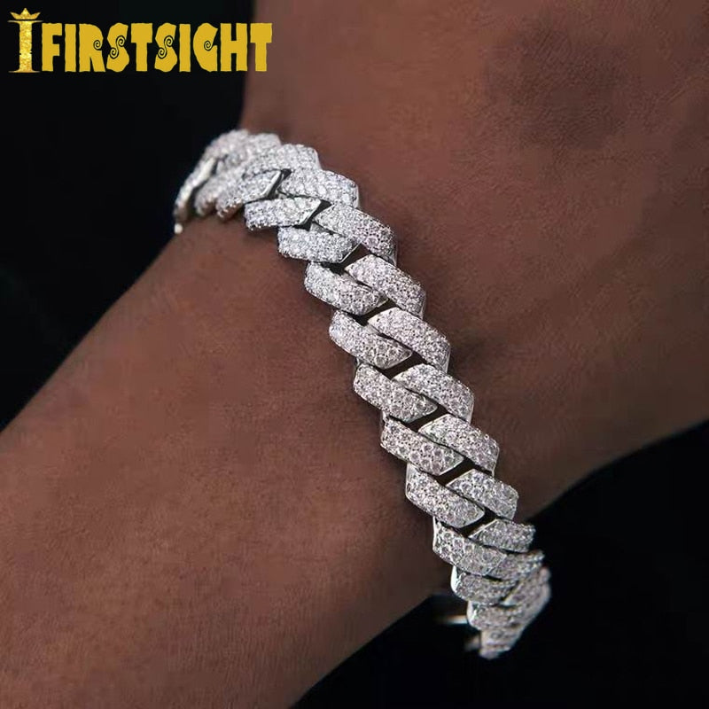 New 12MM Iced Out Wide Miami Cuban Link Chain Bracelet Gold Silver Color Cubic Zirconia Hip Hop Bracelet Men Jewelry