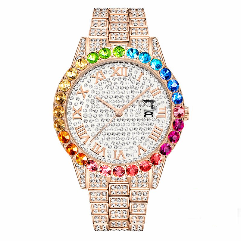 MISSFOX Bling Rainbow Big Diamond Stylish Classic Hip Hop Watches For Men Calendar Waterproof Quartz Wristwatches Dropshipping