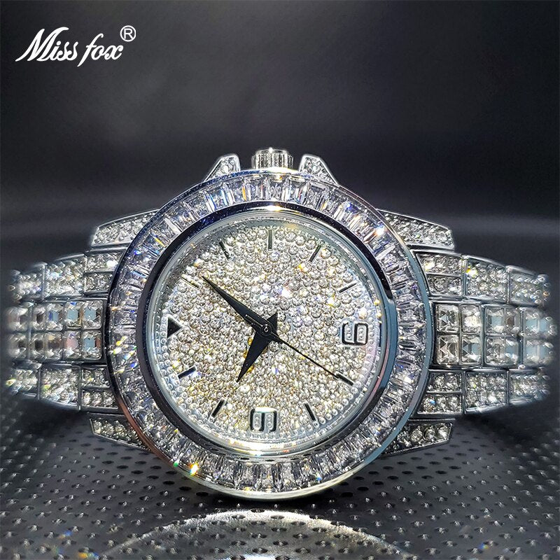 MISSFOX Men Watch Luxury Brand Gold Full Diamond Street Hip Hop Style Quartz Watches Accessories Droshipping Rlógios Masculino