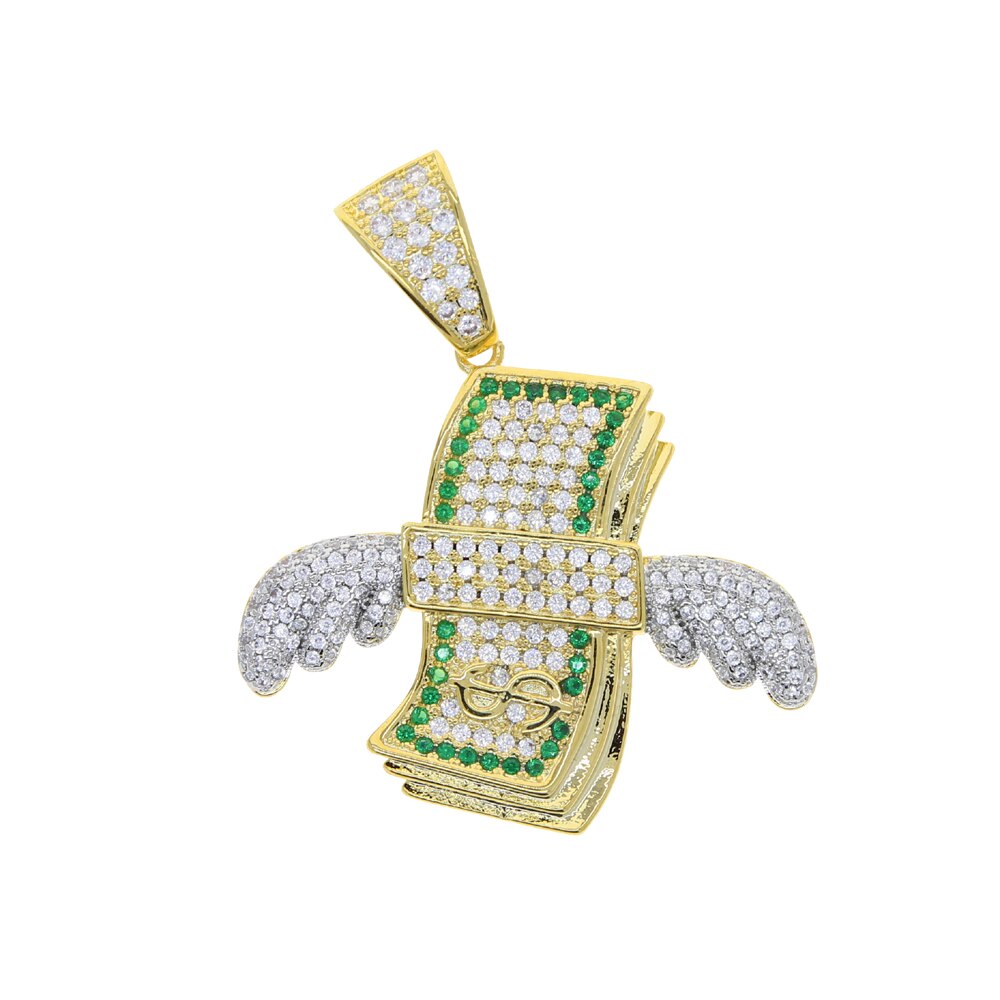 Bling Cubic Zircon Money Flying Cash Pendant Necklace Hip Hop Jewelry Two Tone Dollar Charm For Men Women