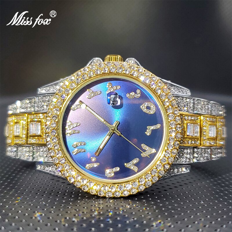 Couple Luxury Diamond Watches For Men MISSFOX Unique Ice Blue Styless Arabic Number Waterpoof Quartz Watches For Women Male New