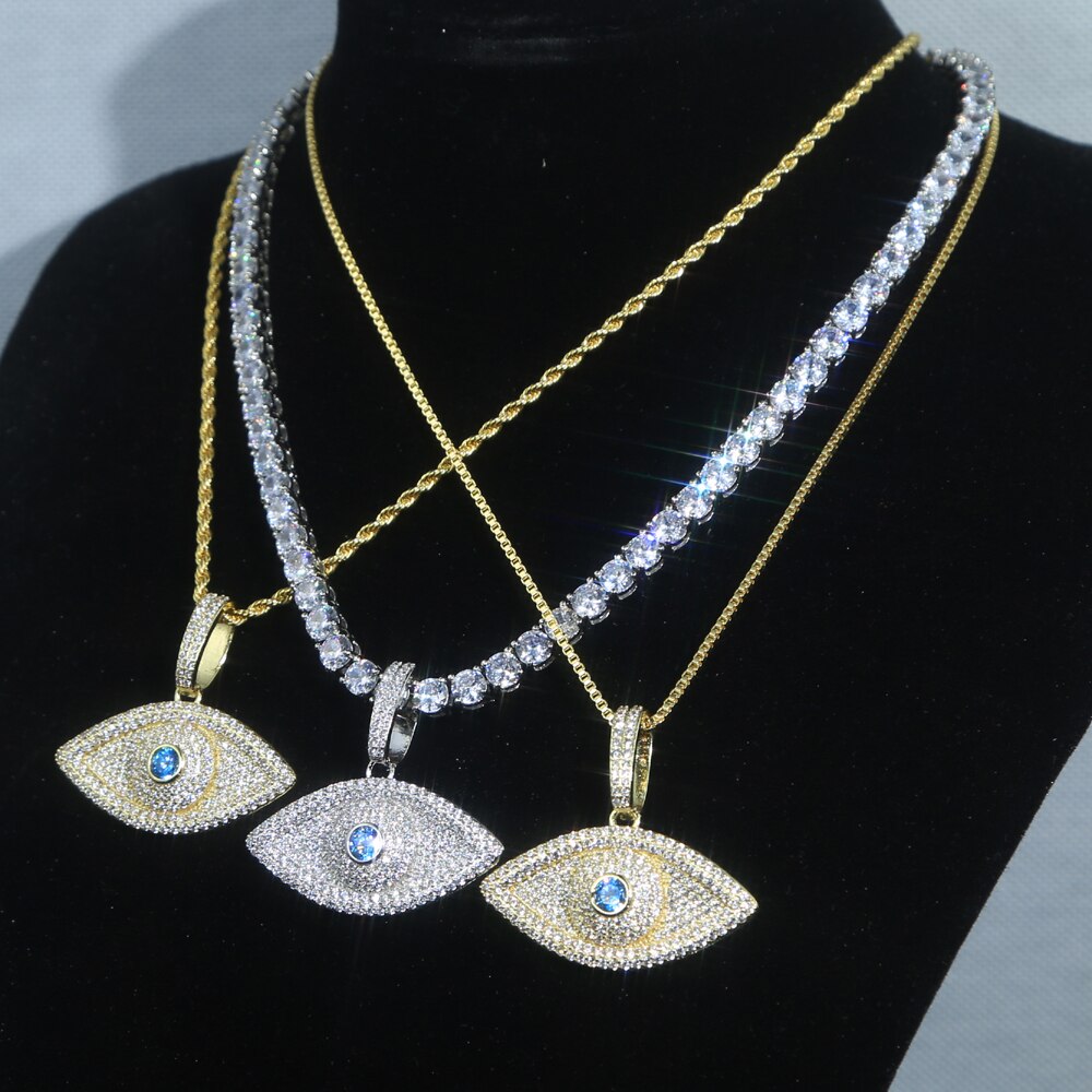 Bling Lucky Eye Pendant Necklace With 5mm cz Tennis Chain Gold Silver color Zircon Eye Choker Women Men Hip hop Jewelry