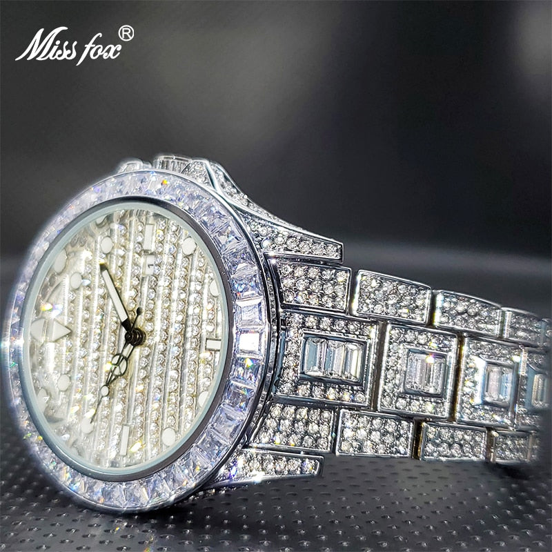 MISSFOX Luxury GMT Full Baguette Large Face Watch For Men Auto Date Adjust Waterproof Alarm Clock Diamond Ice Out  Dropshipping