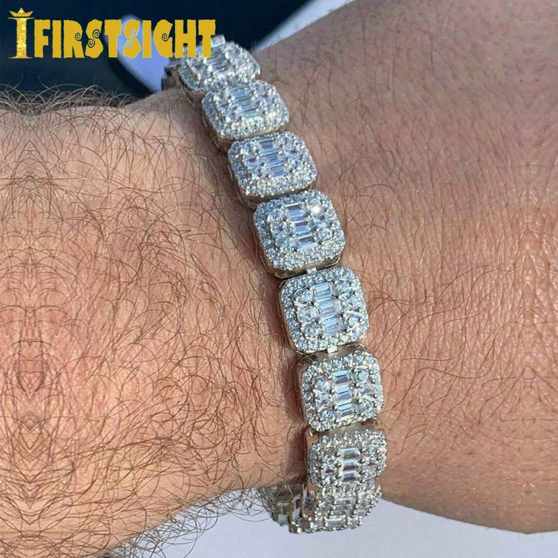 Silver Color 11mm Personality Baguette Bracelet Tennis Chain High Quality Iced Out Cubic Zirconia Hip Hop Jewelry For Men