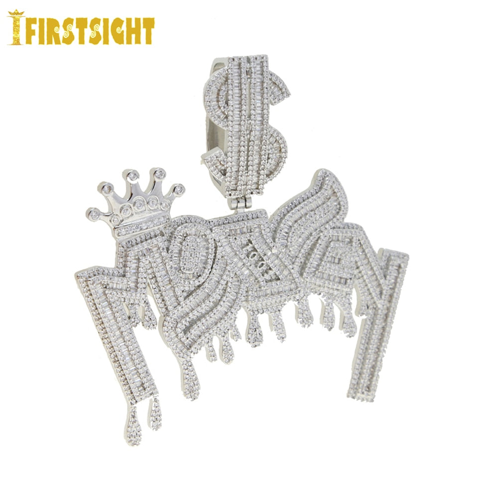 New Iced Out Bling Crown Letters Money Pendant Necklace Two Tone Color CZ Zircon Dollar Symbol Necklaces Men&#39;s Hip Hop Jewelry