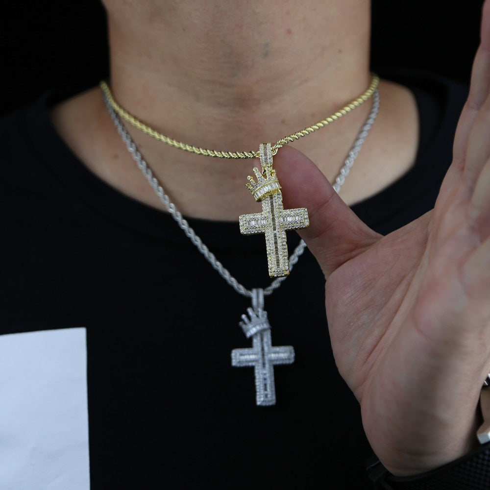 Hip Hop Rock Crown Cross Pendant Necklace CZ Stone Paved Bling Cross Necklaces for Men Men Rapper Jewelry Punk