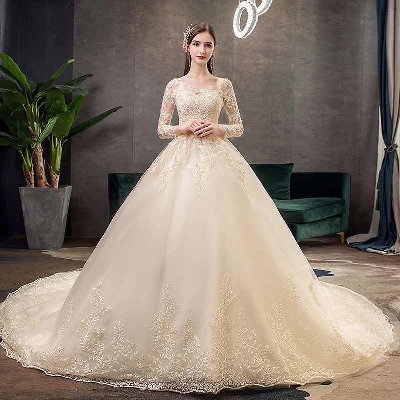 Full Sleeve Wedding Dress With Train Ball Gown Princess Luxury Lace Vestido De Noiva Custom Size