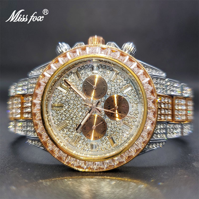 Gold Watch For Men MISSFOX Rainbow Baugette Classic Stylish Quartz Wristwatches With Calendar Diamond Timepiece Dropshipping