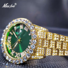 Load image into Gallery viewer, 18K Gold Men Watch with Green Dial Big Diamond Bezel Luxury Business Hip Hop Trend Couple Quartz Watches Calendar Dropshipping
