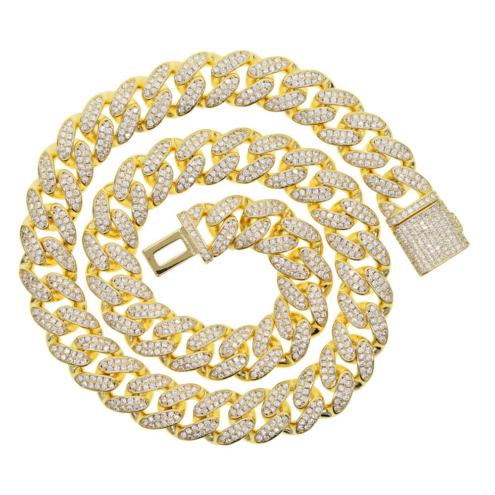 New 12mm Miami Cuban Chain Necklace Gold Silver Color  Bling Cz Cubic Zirconia Paved Women Men Hiphop Cuban Jewelry