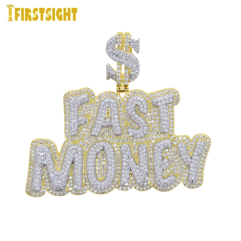 New Iced Out Bling Letters Fast Money Pendant Necklaces Gold Color AAA Zircon Dollar Symbol Charm Men's Hip Hop Jewelry