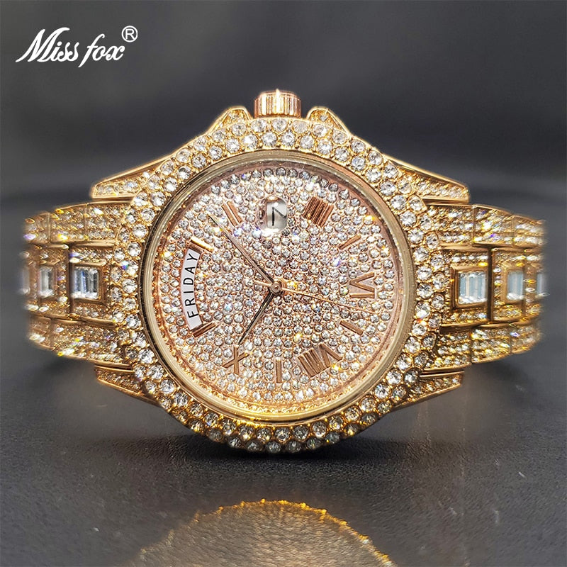 Luxury Ice Out Diamond Calendar Quartz Watches