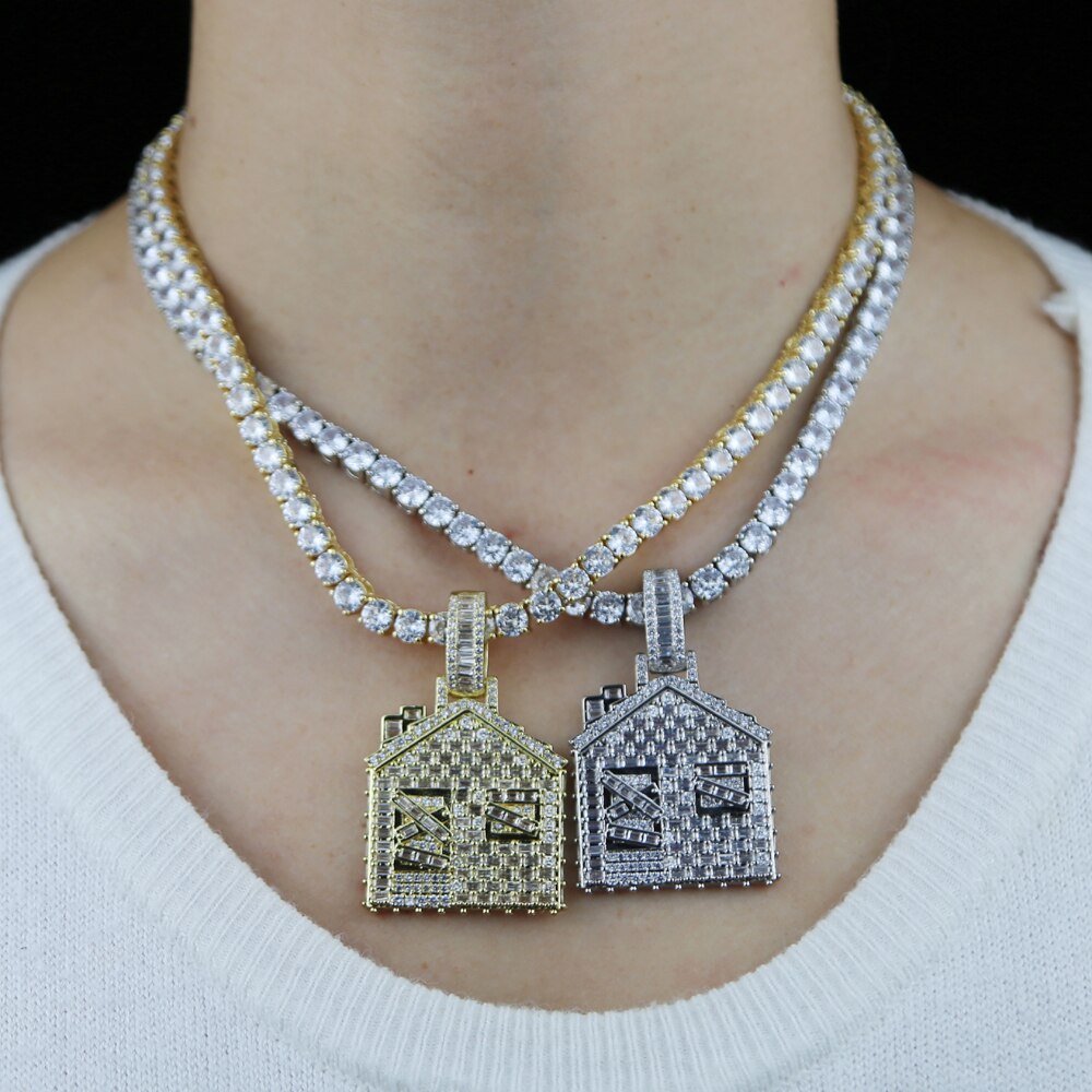 New House Pendant Necklace Men Women Cubic Zirconia 5mm Tennis Chain Hip Hop Gold Silver Color House Charms Jewelry