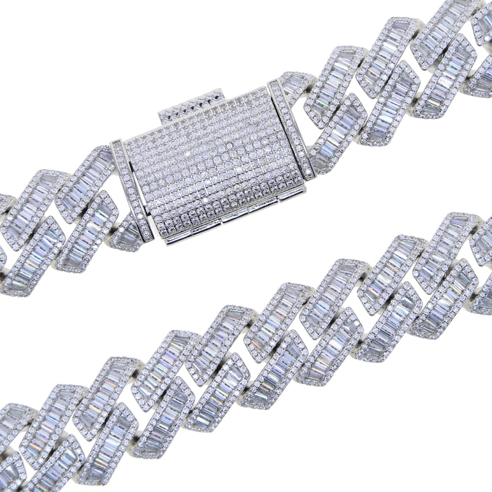 Bling 19mm Baguette CZ Heavy Chunky Cuban Link Chain Necklace Silver Color 5A Zircon Big Hip Hop Men Women Jewelry