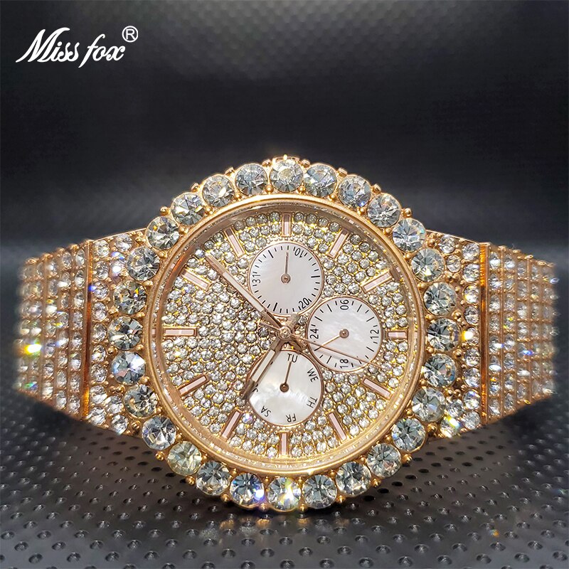 Reloj Hombre oro MISSFOX Luxury Big Cuban Diamond Men's Watches Of Famous Brands Multifunctional Waterproof Watch Dropshipping