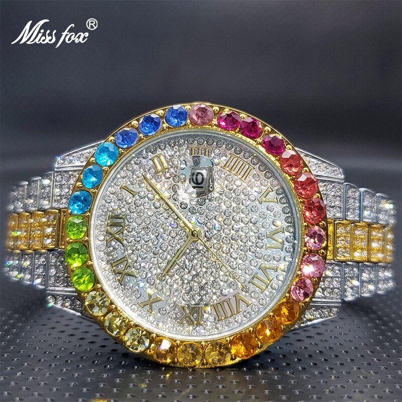 MISSFOX Bling Rainbow Big Diamond Stylish Classic Hip Hop Watches For Men Calendar Waterproof Quartz Wristwatches Dropshipping