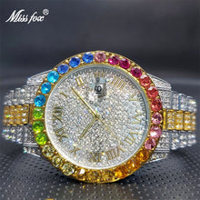 Load image into Gallery viewer, MISSFOX Bling Rainbow Big Diamond Stylish Classic Hip Hop Watches For Men Calendar Waterproof Quartz Wristwatches Dropshipping
