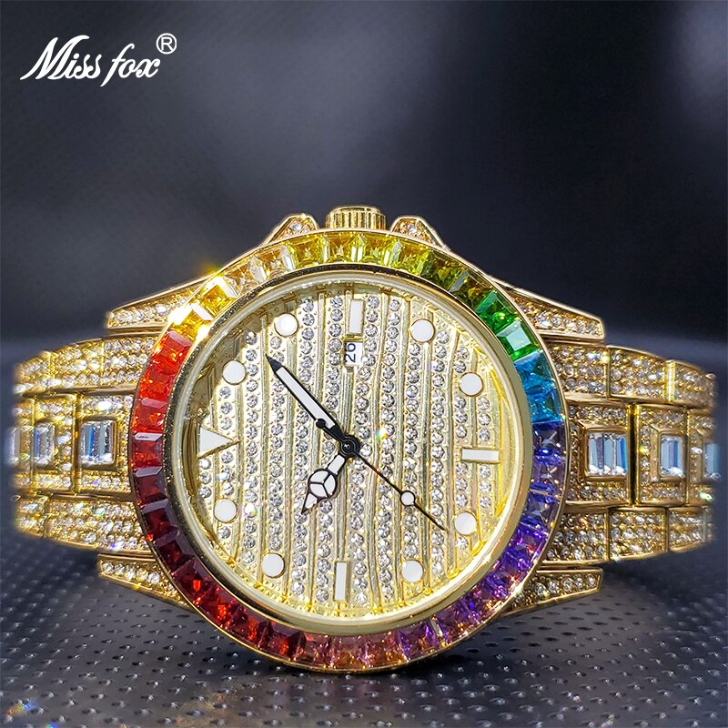 MISSFOX Luxury GMT Full Baguette Large Face Watch For Men Auto Date Adjust Waterproof Alarm Clock Diamond Ice Out  Dropshipping