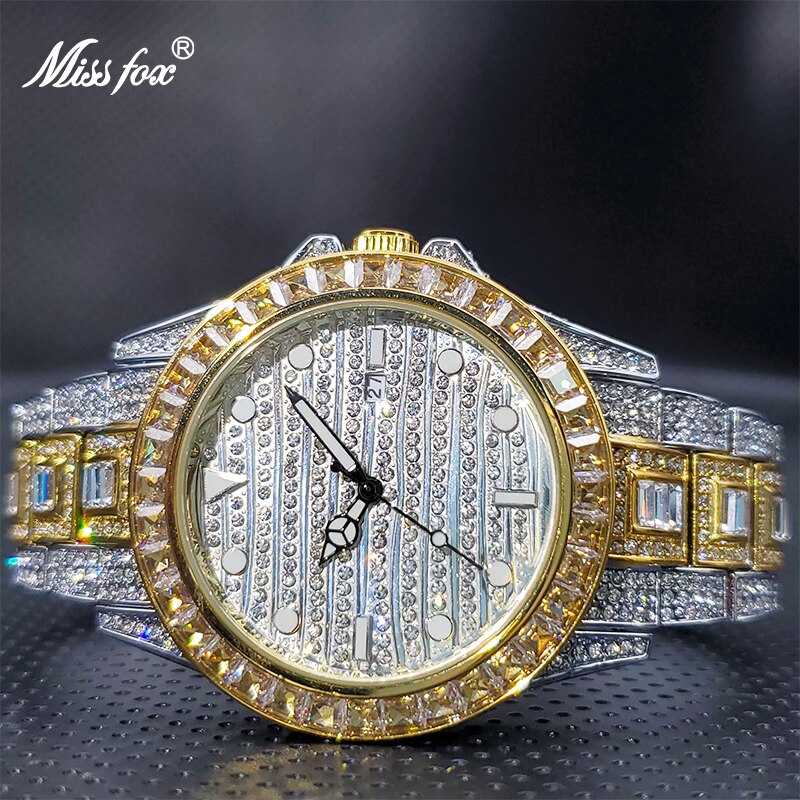 18K Gold Montre Homme Luxe Rainbow Diamond Fashion Man Watch Luminous Calendar Ice Out Quartz Wristwatch Froze Droshipping