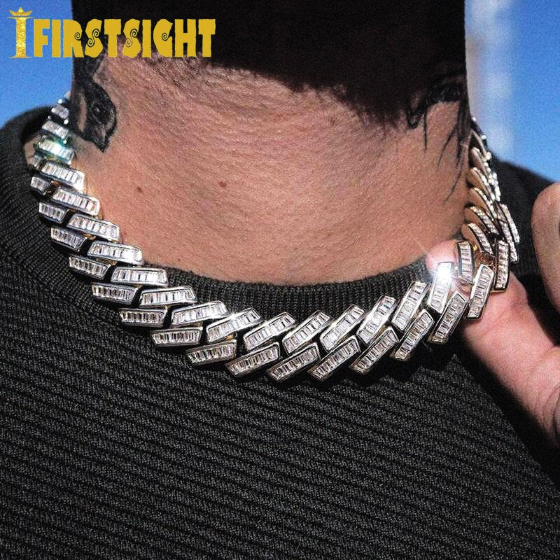 New 19mm Silver Color Baguette Prong Cuban Link Necklace Luxury Bling CZ Women Men Choker Hip Hop Rock Fashion Jewelry